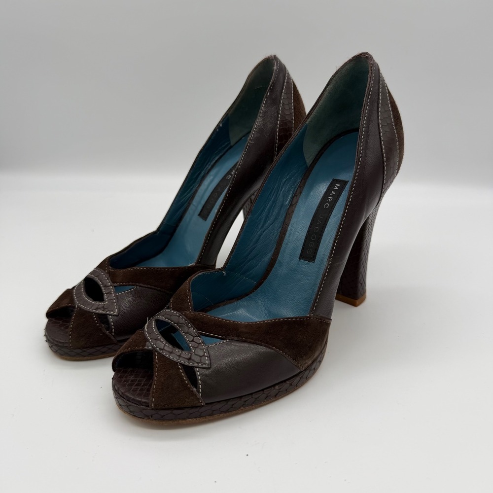 Marc Jacobs Brown Leather Suede Peep Toe Platform Pumps Heels 5.5M Italy